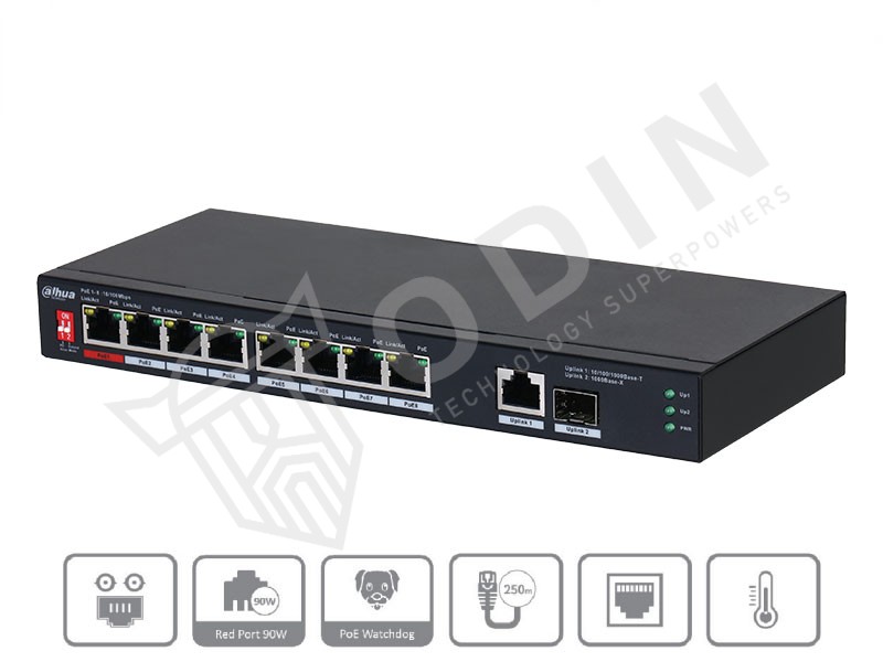 Dahua PFS3110-8ET1GT1GF-96 Switch PoE 10 Porte di cui 8 PoE 1 UpLink e 1 porta SFP 90W